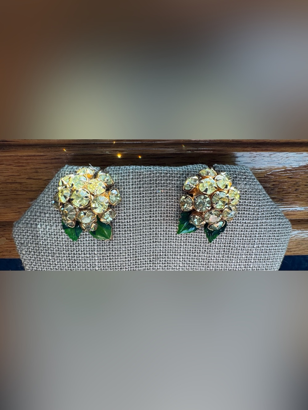 Vintage Rhinestone Clip-On Earrings with green enamel - Picture 8 of 8